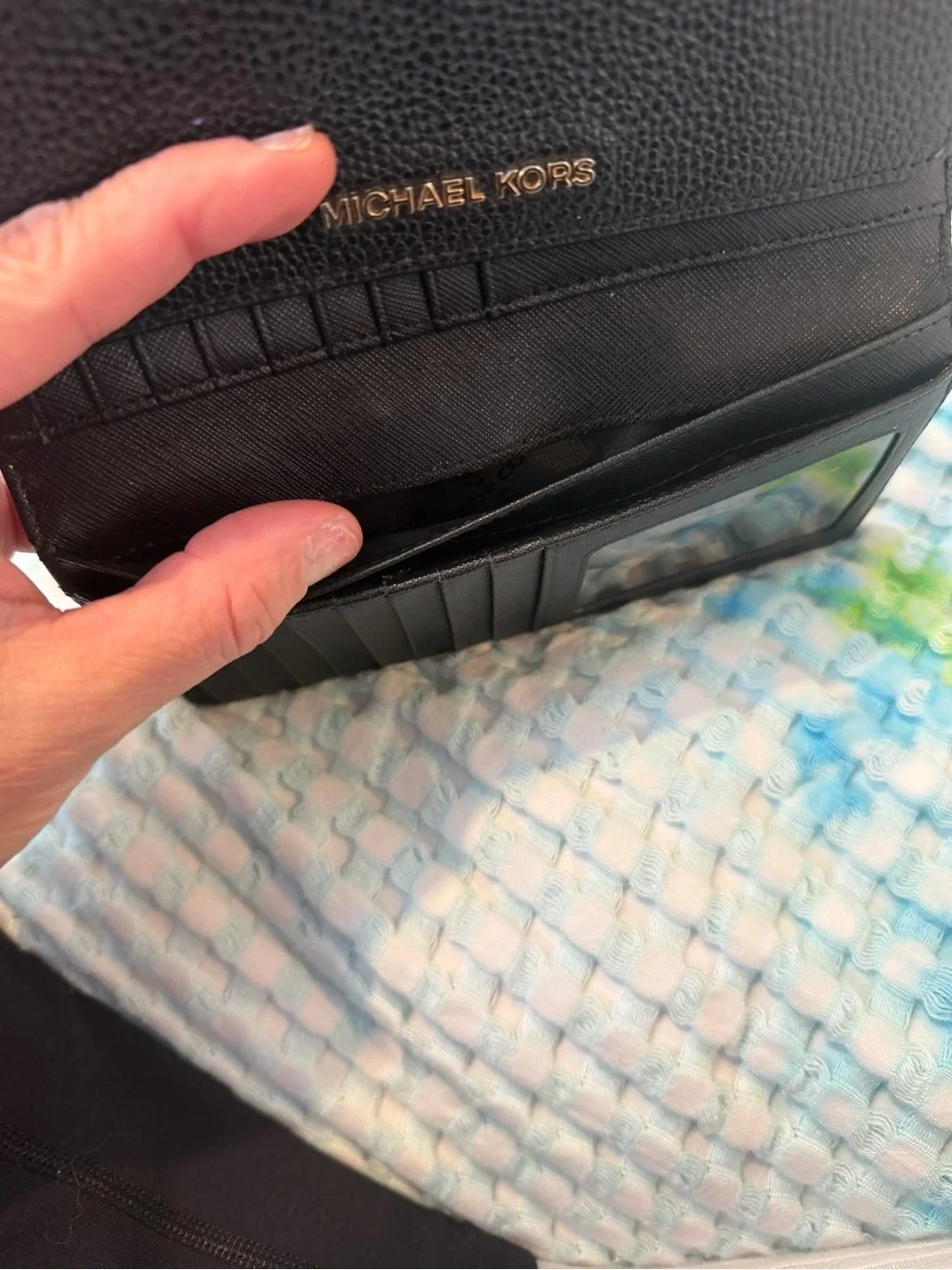 Michael Kors Black Textured Leather Card Wallet with Gold Logo